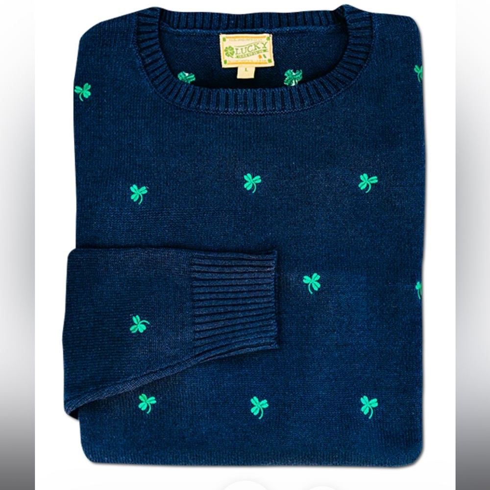 Kiel James Patrick Blue and Green Crewneck Sweater with Shamrock Pattern